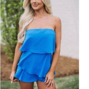 Strapless Blue Tiered Romper